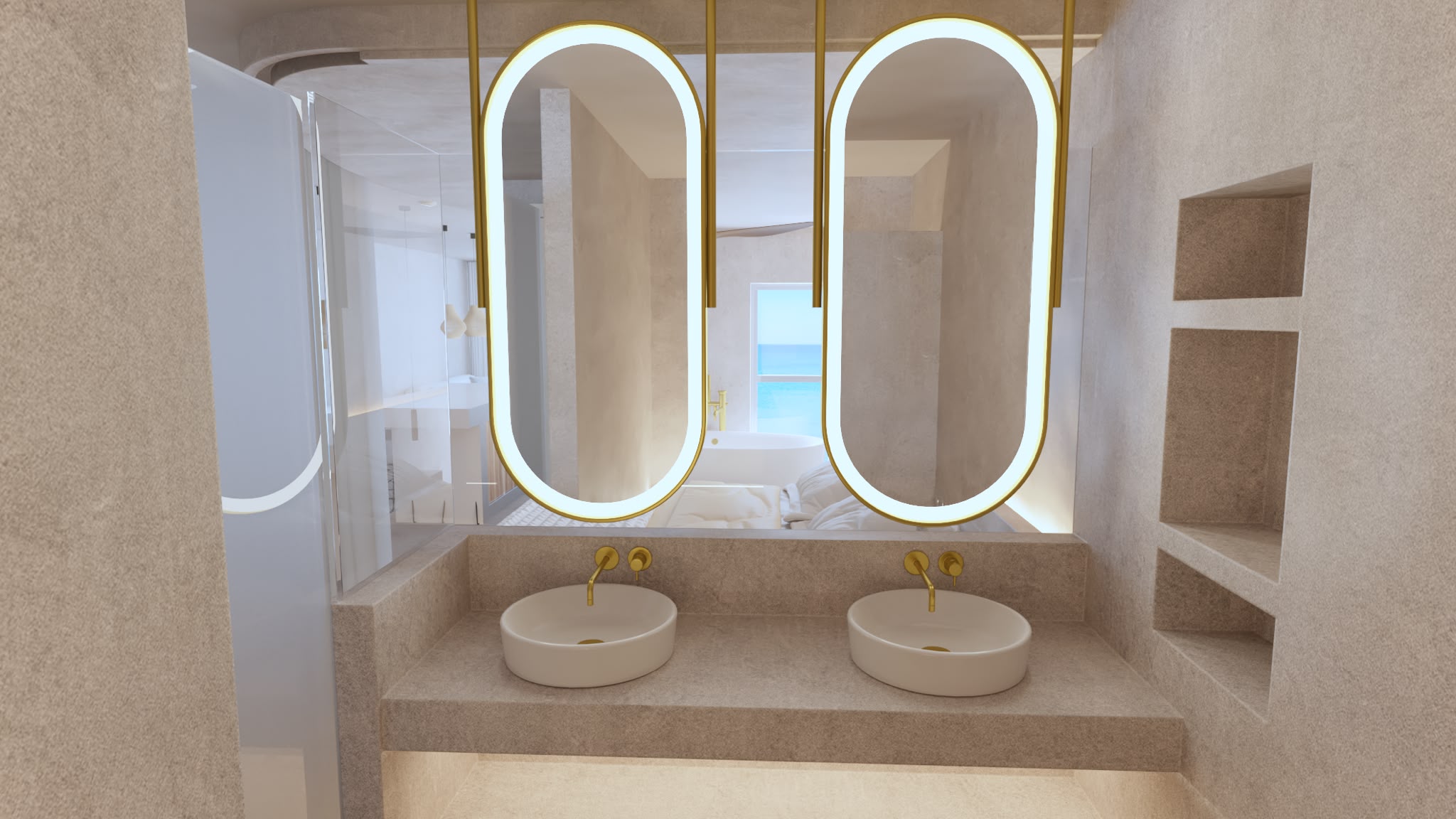 Bathroom with double washbasin and gold fixtures