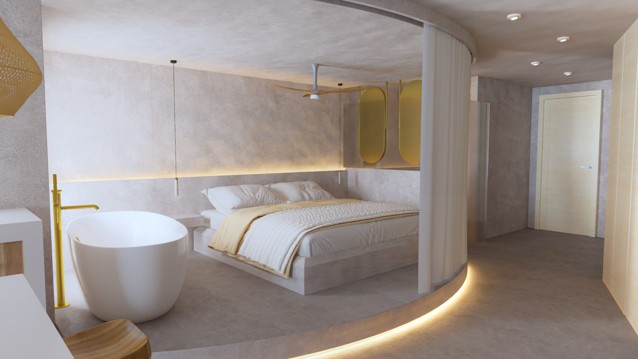 Bedroom with a freestanding bathtub